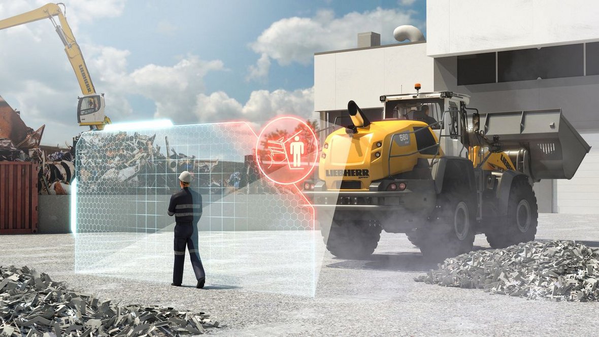Lebherr stawia na bezpieczeństwo z tyłu pojazdu. Gdy tylko czujniki wykryją źródło zagrożenia, asystent hamowania automatycznie zmniejsza prędkość. 
