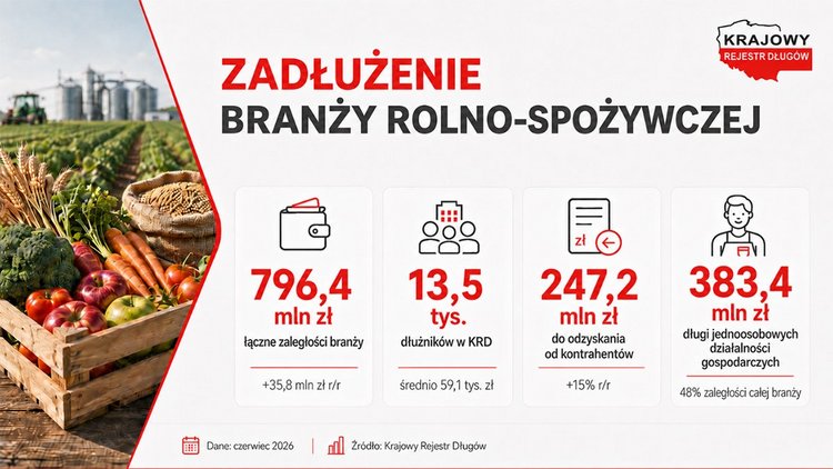 Zadłużenie branży rolno-spożywczej wynosi 796,4 mln zł. W KRD widnieje 13,5 tys. dłużników z tego sektora, a firmy same czekają na 247,2 mln zł od kontrahentów. Źródło: Krajowy Rejestr Długów, dane za czerwiec 2026 r.