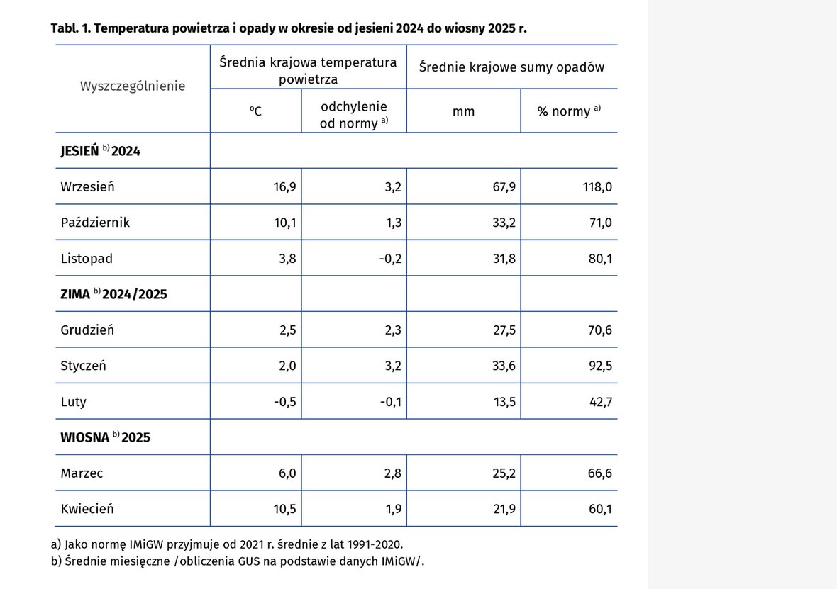 Ocena stanu upraw rolnych  Zasiewy ozime  Z oceny przeprowadzonej w pierwszej dekadzie maja 2025 r. przez rzeczoznawców terenowych GUS wynika, że stan zasiewów zbóż ozimych jest lepszy od ubiegłorocznego. Oceniono go na 4,0 – 4,1 stopnia kwalifikacyjnego, natomiast stan rzepaku i rzepiku ozimego oceniono na 3,8 stopnia kwalifikacyjnego, tj. na poziomie oceny ubiegłorocznej.  Zasiewy jare  Zboża jare zasiano w większości województw terminowo lub z niewielkim opóźnieniem. Z uwagi na chłodną wiosnę z pogłębiającym się niedoborem opadów deszczu, prowadzenie siewów zbóż jarych było utrudnione, a wschody roślin opóźnione i nierównomierne. Znaczne przesuszenie gleby w kwietniu i w pierwszej połowie maja hamowało wzrost i rozwój zasiewów jarych.  Stan zbóż jarych oceniono na 3,6 – 3,7 stopnia kwalifikacyjnego, tj. niżej niż ocena ubiegłoroczna, a stan rzepaku i rzepiku jarego oceniono na 3,6 stopnia kwalifikacyjnego, tj. na poziomie oceny ubiegłorocznej.  Trwałe użytki zielone i plantacje koniczyny  Zima nie spowodowała szkód na trwałych użytkach zielonych, a ich stan po zimie był na ogół dobry, oceniony obecnie na poziomie roku ubiegłego. Niekorzystnym zjawiskiem dla wegetacji trwałych użytków zielonych występującym w okresie wiosny były kwietniowe chłodne dni i noce. Powodowały one gorsze krzewienie się traw oraz przejściowo mniejszą intensywność przyrostu zielonej masy.  W przekroju wojewódzkim oceny stanu łąk trwałych wahały się od 4,5 stopnia w województwie lubelskim do 3,5 stopnia w województwach: dolnośląskim, podlaskim i warmińsko-mazurskim.  W przekroju wojewódzkim oceny stanu pastwisk wahały się od 4,5 stopnia w województwie lubelskim do 3,4 stopnia w województwach: dolnośląskim i podlaskim.   Oceny stanu koniczyny czerwonej w czystym siewie i w mieszankach z trawami wahały się od 4,5 stopnia w województwie lubelskim do 3,2 stopnia w województwach: pomorskim i warmińsko-mazurskim.  Ocena wielkości strat w uprawach ozimych  W bieżącym roku łączne straty w powierzchni zasiewów ozimin były niewielkie, na poziomie nieco niższym niż w roku ubiegłym, a ich stan oceniany bardzo wczesną wiosną był na ogół dobry.  Ocenia się, że do połowy maja zaorano i zakwalifikowano do zaorania łącznie ok. 3,4 tys. ha powierzchni zasianej zbożami ozimymi tj. 0,1% powierzchni zbóż ozimych, z tego:   pszenicy ozimej ok. 1,2 tys. ha (w 2024 r. – 1,7 tys. ha),  żyta ok. 0,5 tys. ha (w 2024 r. – 0,9 tys. ha),  jęczmienia ozimego ok. 0,7 tys. ha (w 2024 r. – 1,0 tys. ha),  pszenżyta ozimego ok. 0,6 tys. ha (w 2024 r. – 1,1 tys. ha),  mieszanek zbożowych ozimych ok. 0,3 tys. ha (w 2024 r. – 0,4 tys. ha).  Powierzchnia uprawy rzepaku i rzepiku ozimego zaorana i zakwalifikowana do zaorania wyniosła ok. 1,8 tys. ha, tj. 0,2 % powierzchni zasianej jesienią (w 2024 r. – zaorano ok. 3,9 tys. ha).  Według oceny rzeczoznawców terenowych GUS, główną przyczyną zaorywania plantacji upraw ozimych w bieżącym roku były głównie uszkodzenia mrozowe, szkody wyrządzone przez zwierzynę leśną oraz mała obsada roślin na 1 m2. Największe straty zimowe i wiosenne w uprawach zbóż ozimych odnotowano w województwie podlaskim (uszkodzenia mrozowe), natomiast w rzepaku i rzepiku w województwie świętokrzyskim (szkody wyrządzone przez zwierzynę leśną).  Straty w przechowywanych ziemiopłodach rolnych i ogrodniczych  Do przechowywania w okresie zimy 2024/2025 przeznaczono około 3,3 mln ton ziemniaków, tj. ok. 55% zbiorów z 2024 r. Straty w przechowywanych ziemniakach szacuje się podobnie jak w roku poprzednim – na ok. 11% ogólnej masy przeznaczonej do przechowywania. Największe straty w przechowywanych ziemniakach odnotowano w województwach: zachodniopomorskim – ok. 15,0% oraz dolnośląskim, podkarpackim i wielkopolskim po ok. 13,0%, a najmniejsze w województwach: kujawsko-pomorskim, łódzkim i warmińsko-mazurskim – po ok. 8,0%.  W sezonie 2024/25 udział warzyw skierowanych do przechowania był mniejszy niż w sezonie poprzednim. Największy spadek zanotowano w przypadku marchwi oraz cebuli, pietruszki i buraków ćwikłowych. Straty, do których dochodziło podczas przechowywania warzyw nie odbiegały od poziomów obserwowanych w ubiegłych latach. Najwyższe straty odnotowano w województwach: wielkopolskim, dolnośląskim, podlaskim i lubelskim, zaś najniższe w województwach: świętokrzyskim, mazowieckim, kujawsko-pomorskim oraz śląskim.   W bieżącym sezonie udział jabłek skierowanych do przechowalni był niższy w porównaniu z poprzednim sezonem, przy czym wielkość strat utrzymała się na podobnym poziomie (tj. 12%). Największe ubytki w przechowalniach zanotowano w województwie wielkopolskim, zaś najmniejsze w województwach: kujawsko-pomorskim, łódzkim, mazowieckim, podkarpackim, śląskim i świętokrzyskim.  Ocena przezimowania drzew, krzewów owocowych i plantacji jagodowych oraz stan upraw ogrodniczych  Okres zimowego spoczynku w sezonie 2024/25 sprzyjał utrzymaniu dobrej kondycji drzew owocowych w sadach. Jednocześnie łagodny przebieg zimy spowodował nasilenie występowania mączniaka, parcha oraz szkodników roślin, co skutkowało koniecznością intensywnej ochrony chemicznej plantacji. Mała ilość opadów i w konsekwencji brak okrywy śnieżnej na przeważającym obszarze kraju, skutkowała niedostatecznym uwilgotnieniem gleby na początku okresu wegetacyjnego. W drugiej dekadzie marca w wyniku spadku temperatury powietrza dochodziło lokalnie do nieznacznych szkód mrozowych, zwłaszcza młodych pędów i pąków kwiatowych czereśni i innych gatunków drzew pestkowych. Drzewa weszły w okres kwitnienia w terminach zbliżonych do średniej wieloletniej, a intensywność oblotów zapylaczy utrzymywała się na dobrym poziomie. Czynnikiem negatywnie wpływającym na kondycję drzew w tym czasie był brak opadów deszczu prowadzący do znacznych przesuszeń gleby. Przymrozki występujące w kwietniu i na początku maja spowodowały uszkodzenia kwiatów i zawiązanych już owoców, zwłaszcza na plantacjach, na których nie prowadzono intensywnej ochrony przeciwmrozowej. Straty zauważalne są głównie w sadach brzoskwiniowych, morelowych oraz wiśniowych i czereśniowych. Utrzymujące się niskie temperatury powietrza w maju i brak opadów deszczu wpływały niekorzystnie na skuteczność nawożenia i ochronę roślin.  Truskawki przetrwały okres zimy w dobrej kondycji, a aktywność fizjologiczną rozpoczęły w terminie zbliżonym do średniej wieloletniej. Do uszkodzeń truskawek doszło na skutek przymrozków występujących przede wszystkim w drugiej dekadzie marca oraz na początku maja. Z powodu zagrożenia przymrozkami w tym okresie i znacznych wahań dobowych temperatury powietrza konieczne było stosowanie okryw na plantacjach. Sprzyjało to jednak rozwojowi chorób grzybowych.  Dotychczasowy przebieg warunków pogodowych na przeważającym obszarze kraju nie był sprzyjający dla upraw warzyw gruntowych. Siewy warzyw i niezbędne prace polowe prowadzono pod koniec marca i na początku kwietnia. Ich zaawansowanie charakteryzowało się jednak znacznym zróżnicowaniem regionalnym. Głównymi czynnikami wpływającym na występowanie opóźnień było niedostateczne ogrzanie i uwilgotnienie gleby. Brak odpowiedniej ilości opadów spowodował także spowolnienie i osłabienie wschodów warzyw (m. in. marchwi, pietruszki, buraków ćwikłowych). Opóźnieniu uległy siewy i wysadzanie do gruntu rozsad warzyw ciepłolubnych. Utrzymujący się deficyt opadów deszczu występujący na przeważającym obszarze kraju w drugiej połowie kwietnia i w maju wpływał hamująco na wzrost i rozwój roślin, ograniczał także skuteczność nawożenia.  Poziom zaopatrzenia w materiał siewny oraz w nawozy w pierwszej połowie 2025 r. był dostateczny do zapewnienia ciągłości wykonywanych zabiegów agrotechnicznych. Tak jak w latach ubiegłych problematyczną kwestią pozostaje stopniowe wycofywanie z rynku niektórych sprawdzonych i skutecznych środków ochrony roślin. Przyczynia się to do wzrostu kosztów i utrudnia efektywne zwalczanie patogenów i szkodników w uprawach ogrodniczych.  Prognozowanie powierzchni upraw rolnych i ogrodniczych z wykorzystaniem teledetekcji satelitarnej   W zakresie prac nad prognozowaniem powierzchni upraw rolnych i ogrodniczych prowadzone są działania mające na celu wykorzystanie zobrazowań satelitarnych. Ten system pozyskiwania danych stanowi podstawę nowej metodologii badań rolniczych.   W ramach „Wiosennej oceny stanu upraw rolnych i ogrodniczych” wykonany został szacunek powierzchni zasiewów upraw ozimych (bez rozróżnienia gatunków upraw) oraz rzepaku i rzepiku ozimego z wykorzystaniem metod teledetekcji satelitarnej.   Podstawę wykonania szacunku stanowiły obrazy optyczne Sentinel-1A/C (okres obserwacji od 15.10.2024 do 07.05.2025). Szacunek został opracowany na podstawie segmentacji i klasyfikacji obiektowej macierzy koherencji T2 oraz parametrów dekompozycji polarymetrycznej H/α z wykorzystaniem algorytmów uczenia maszynowego (Random Forest). Dokładność klasyfikacji została zwalidowana na podstawie danych z fotointerpretacji. Łącznie wykorzystano 510 scen satelitarnych o szerokości 250 km danych radarowych SLC (Single Look Complex). Do uczenia systemu i wykonania klasyfikacji wykorzystano bazę danych upraw opracowaną w oparciu o metody fotointerpretacji na podstawie danych Sentinel-2.  Źródło: GUS